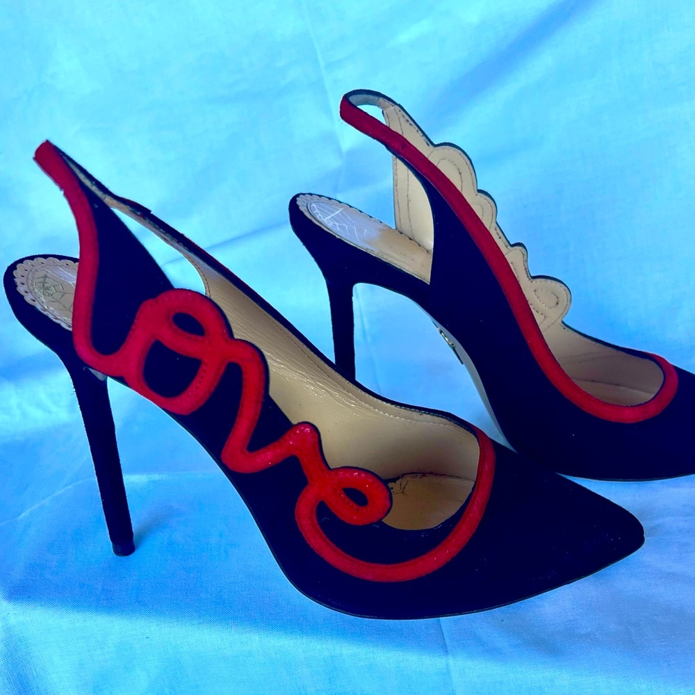 Charlotte Olympia Black and Red Love Slingback Heels size 8 is 38.5 eu